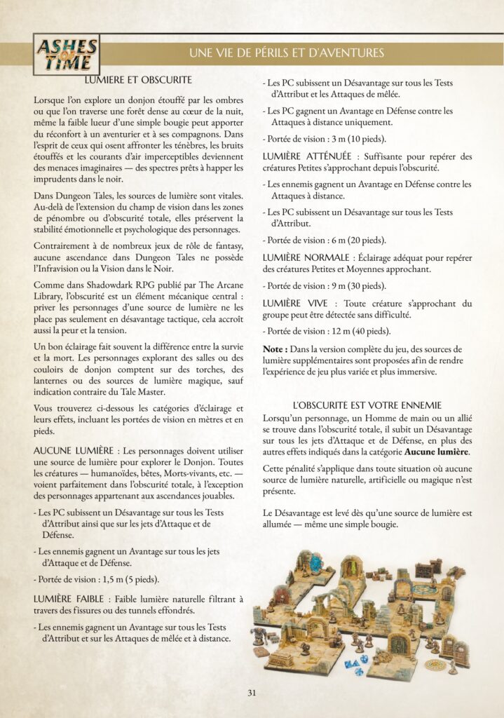 Aperçu français validé de la page 31 de Dungeon Tales — Ashes of Time, présentant la lumière, l’obscurité et leurs effets mécaniques.