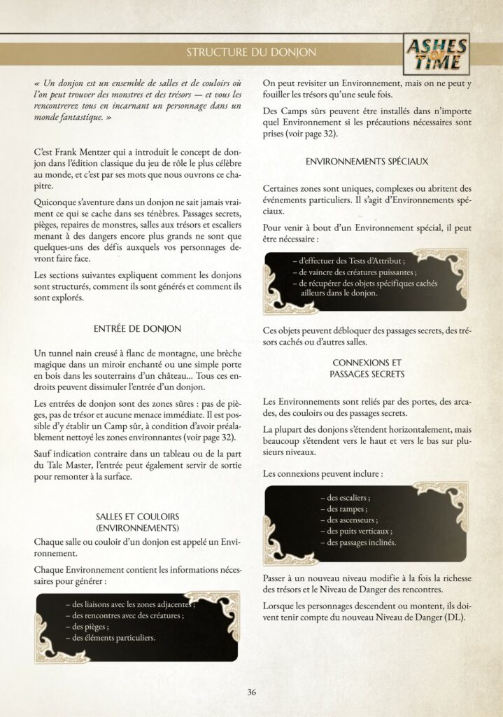 Aperçu français validé de la page 36 de Dungeon Tales — Ashes of Time, consacrée à la structure des donjons et aux passages secrets.